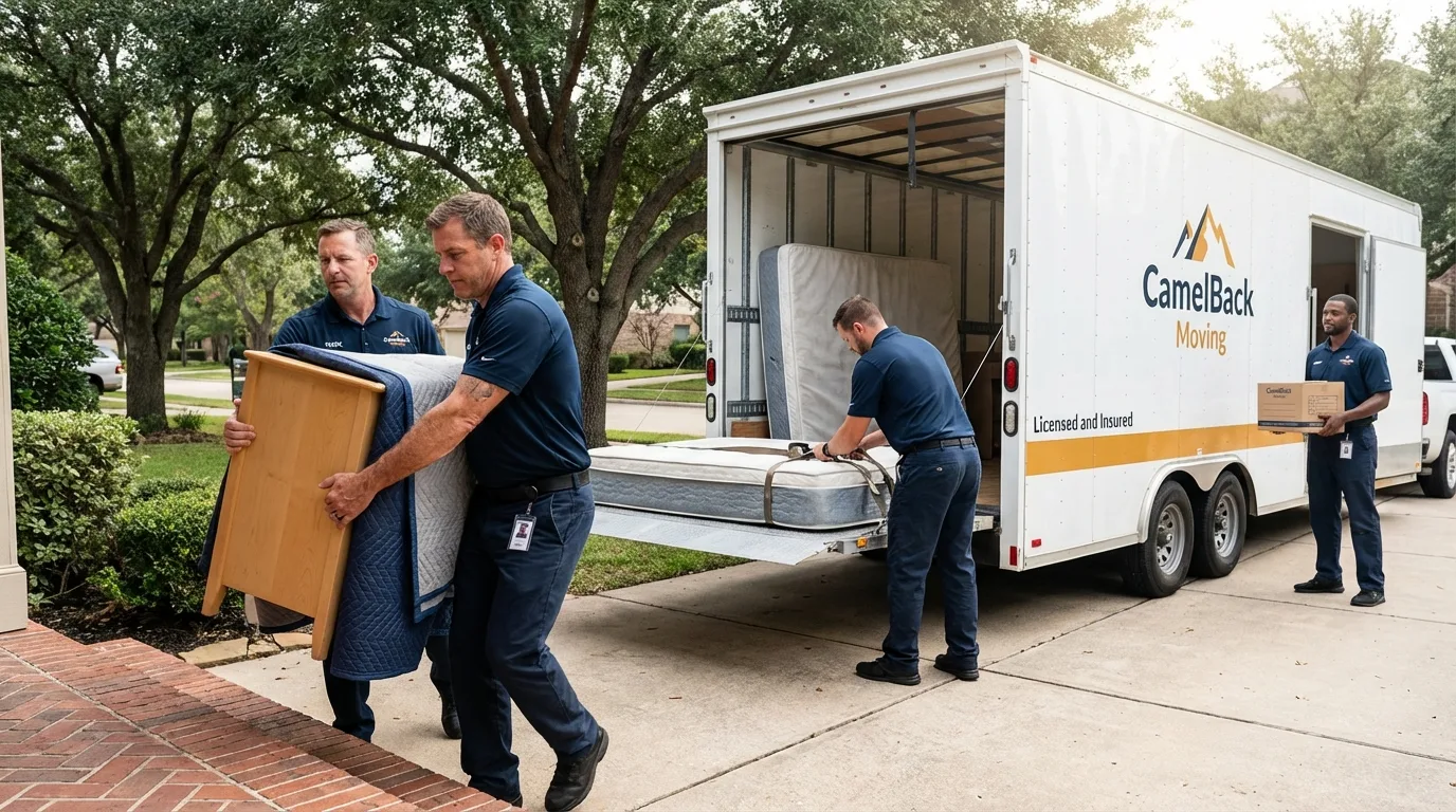 Crew loading residential truck for cross-state move from Farmingville, NY