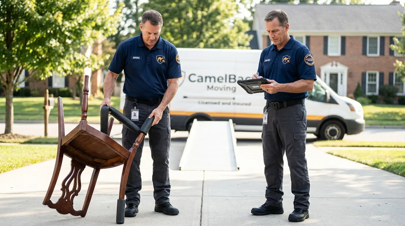 Movers inspecting furniture for damage prevention before loading in Farmingville, NY