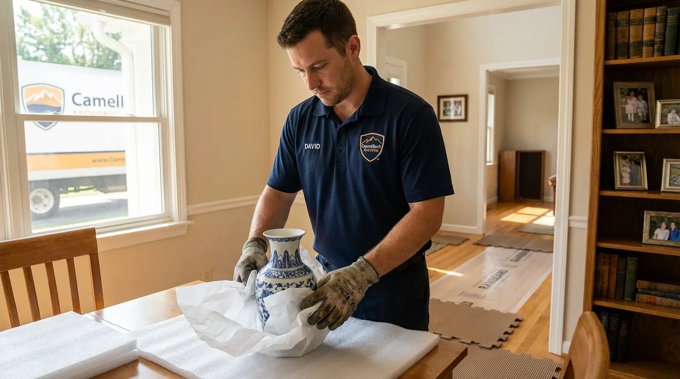Professional crew carefully wrapping antique vase for senior downsizing move in Farmingville, NY